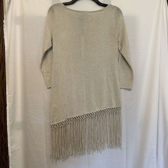 White House Black Market Size XS Fringed Tunic Gold Ivory Metallic Asymmetric - Picture 3 of 5